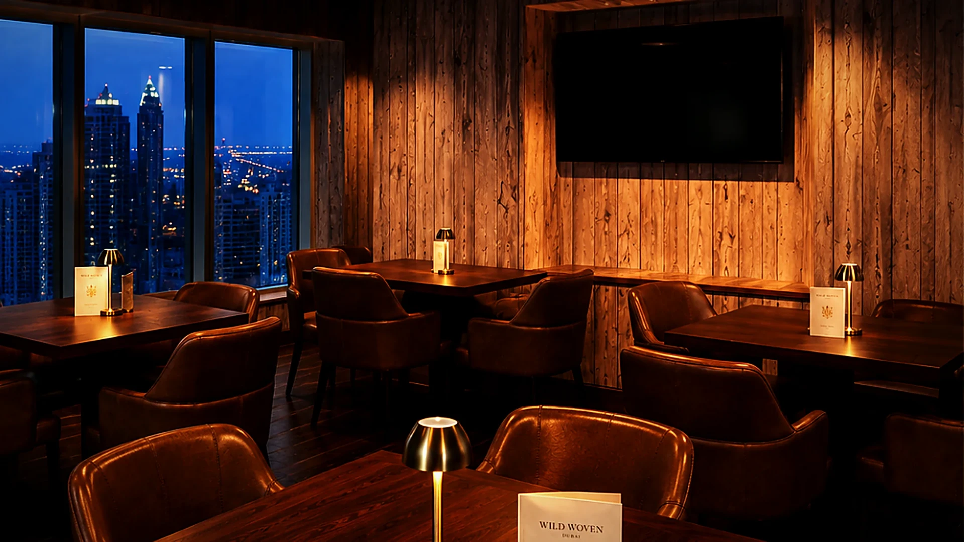 The Wild Woven dining room at night with the lit Dubai skyline behind