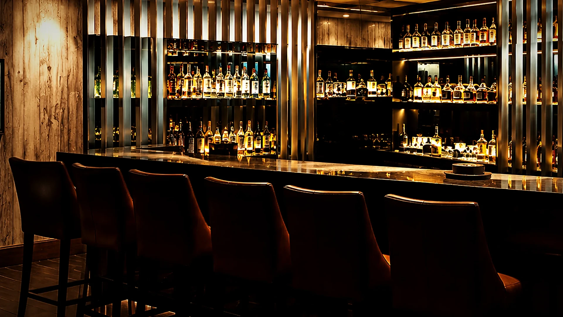 The Wild Woven bar, backlit bottles and leather stools in low light