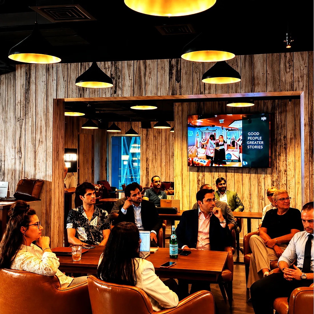 Guests seated for a presentation in the Wild Woven room