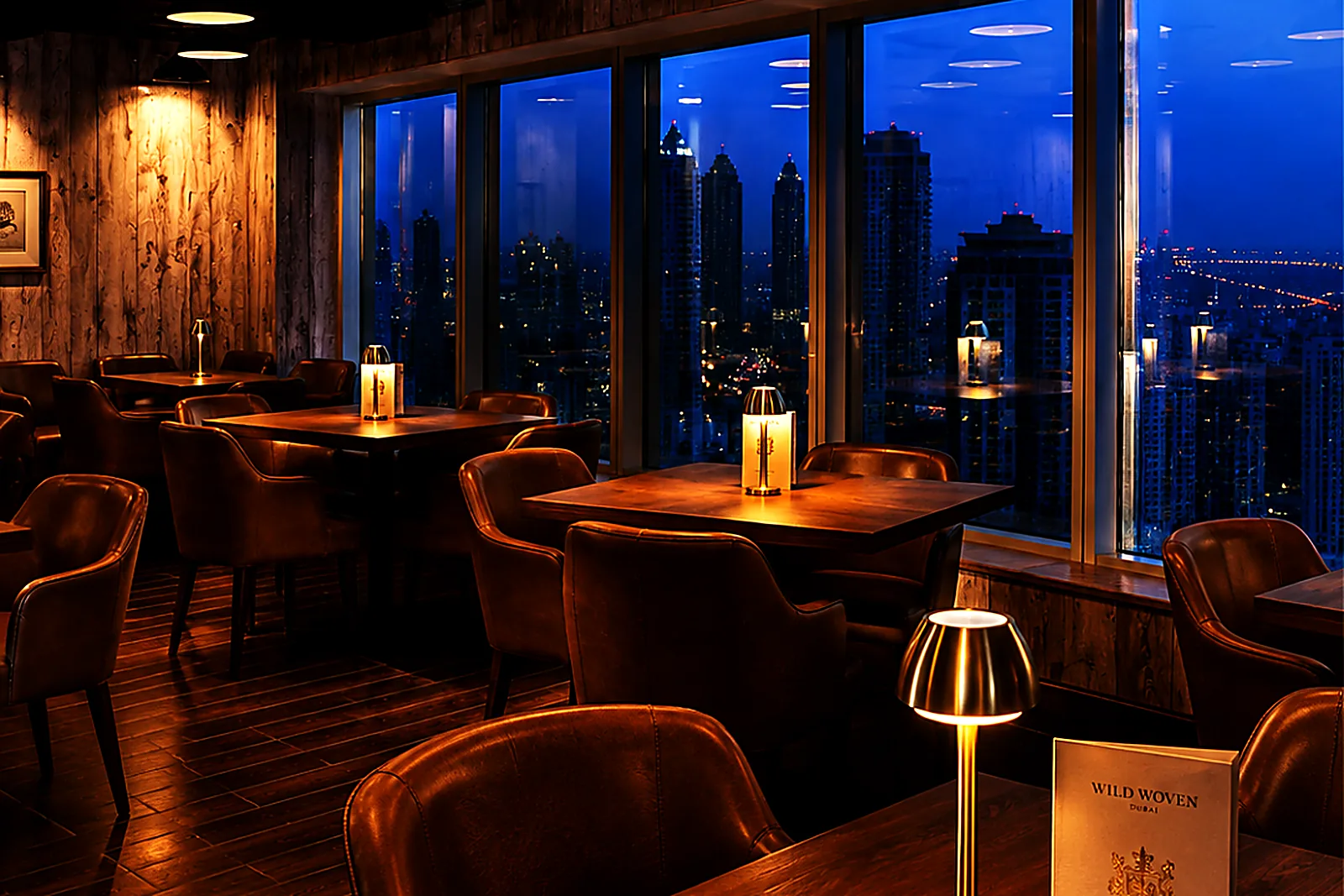 A long dining table at dusk with brass lamps and the Dubai skyline