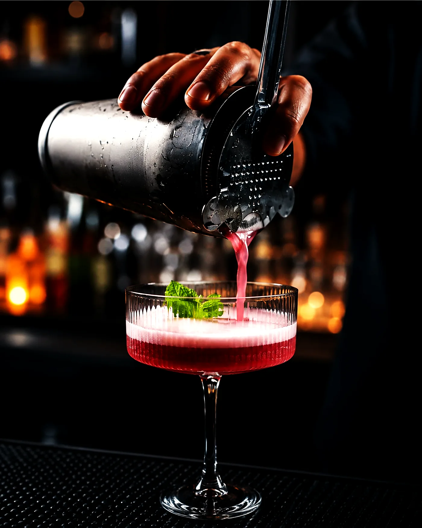 A cocktail being strained into a coupe at the Wild Woven bar