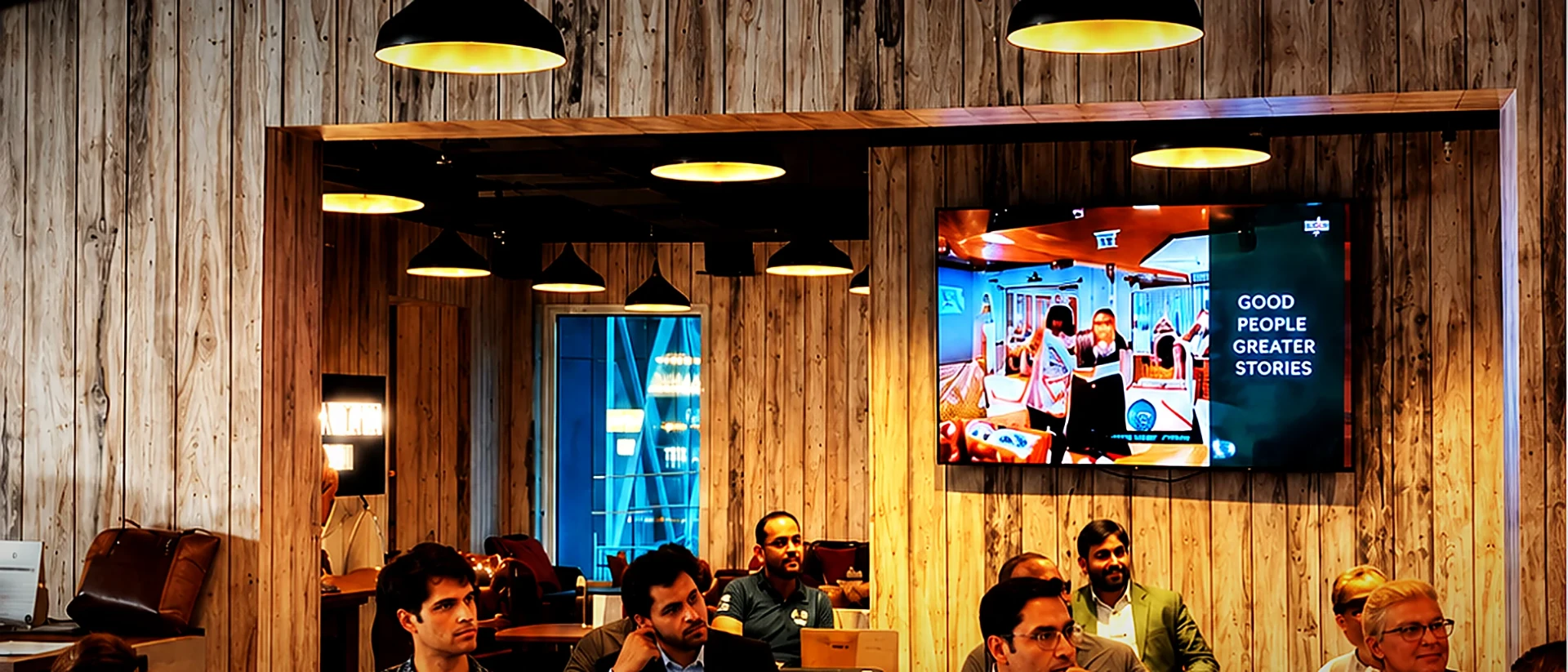 Guests seated for a corporate presentation in the Wild Woven room