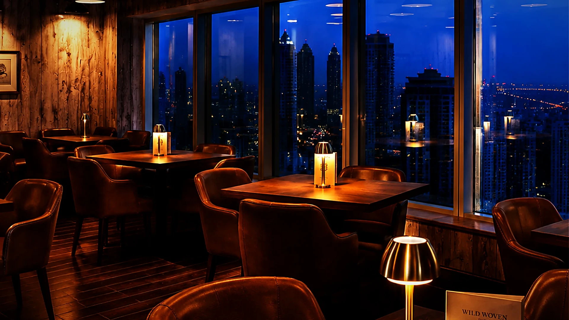 The Wild Woven dining room at dusk, warm lamplight on dark timber and the Dubai skyline through the windows