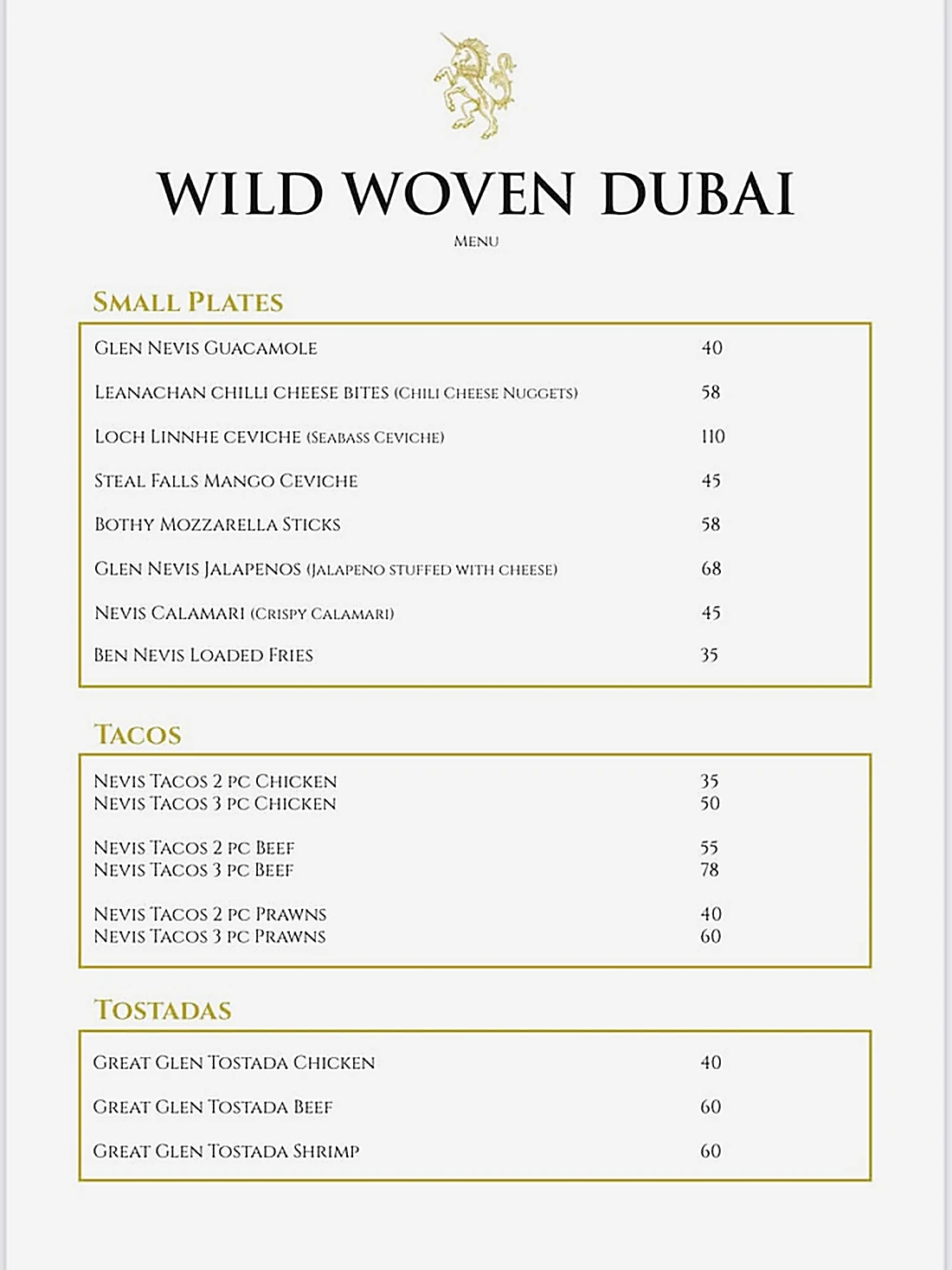 Wild Woven à la carte menu, small plates, tacos and tostadas