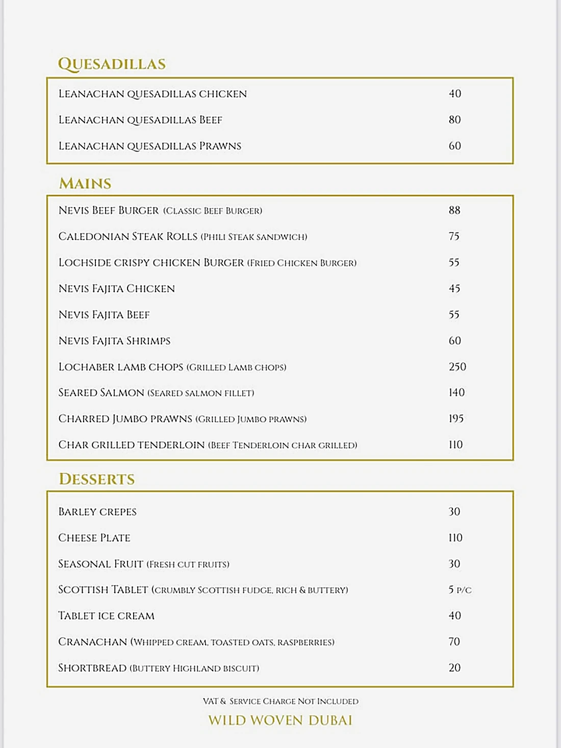 Wild Woven à la carte menu, quesadillas, mains and desserts