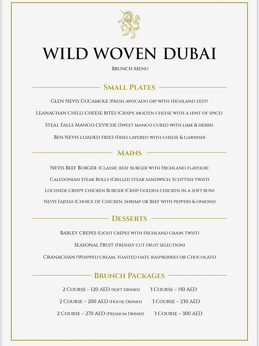 Wild Woven brunch menu with two and three course packages