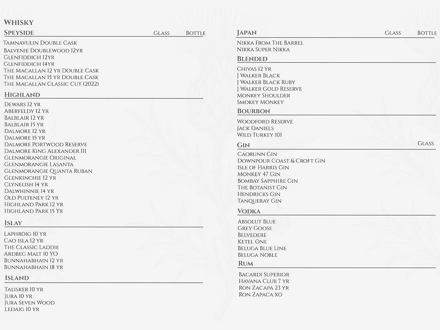 The printed Wild Woven drinks list showing Speyside, Highland, Islay and Japanese whiskies